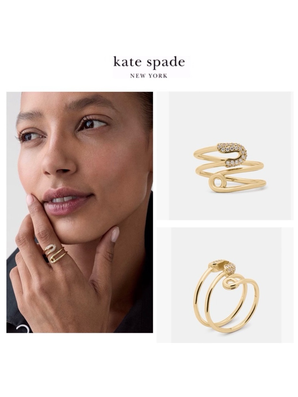 NWT Kate Spade ♠️ BITS & BAUBLES SAFETY PIN Gold Tone CZ Glass Crystals Ring